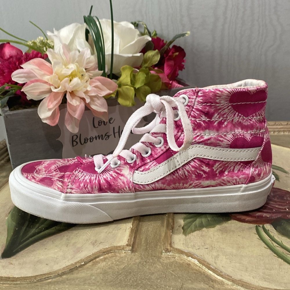 Vans Off the Wall Sk8-Hi Tapered Tie-Dye Hearts Fuchsia Pink Men 5.5 Women 7 - Picture 5 of 13